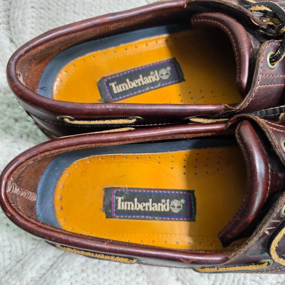 VTG Timberland Boat Shoes Burgundy Leather 2-Eye Moc Toe Mens 8.5‎ M Excellent